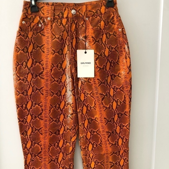 Grlfrnd Orange Snake Print Leather Straight Leg Pants 26 - Picture 7 of 13